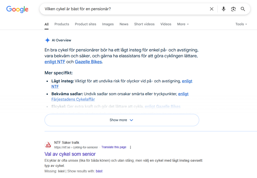 Google AIO ger svar på en fråga